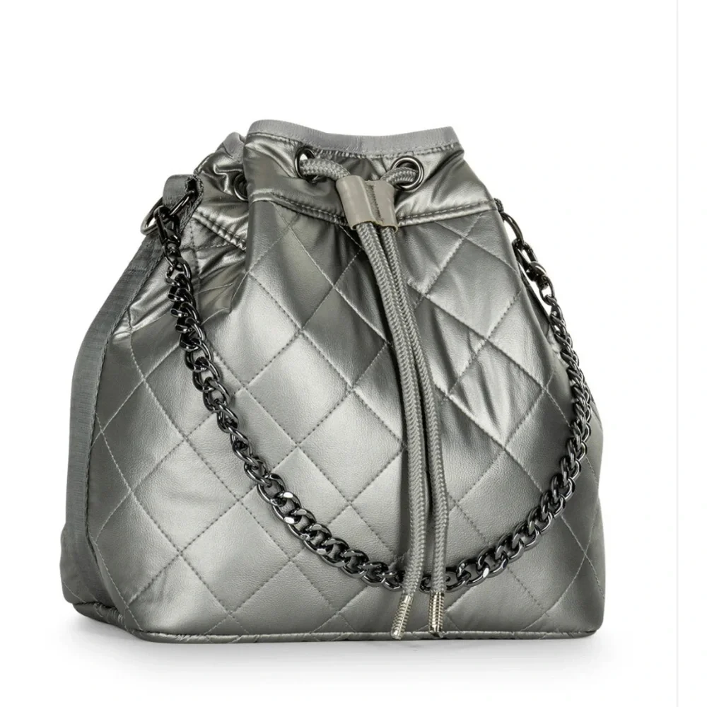 Haute Shore Lindsey Quilted Puffer Bucket Bag Gray Silver Crossbody NWT